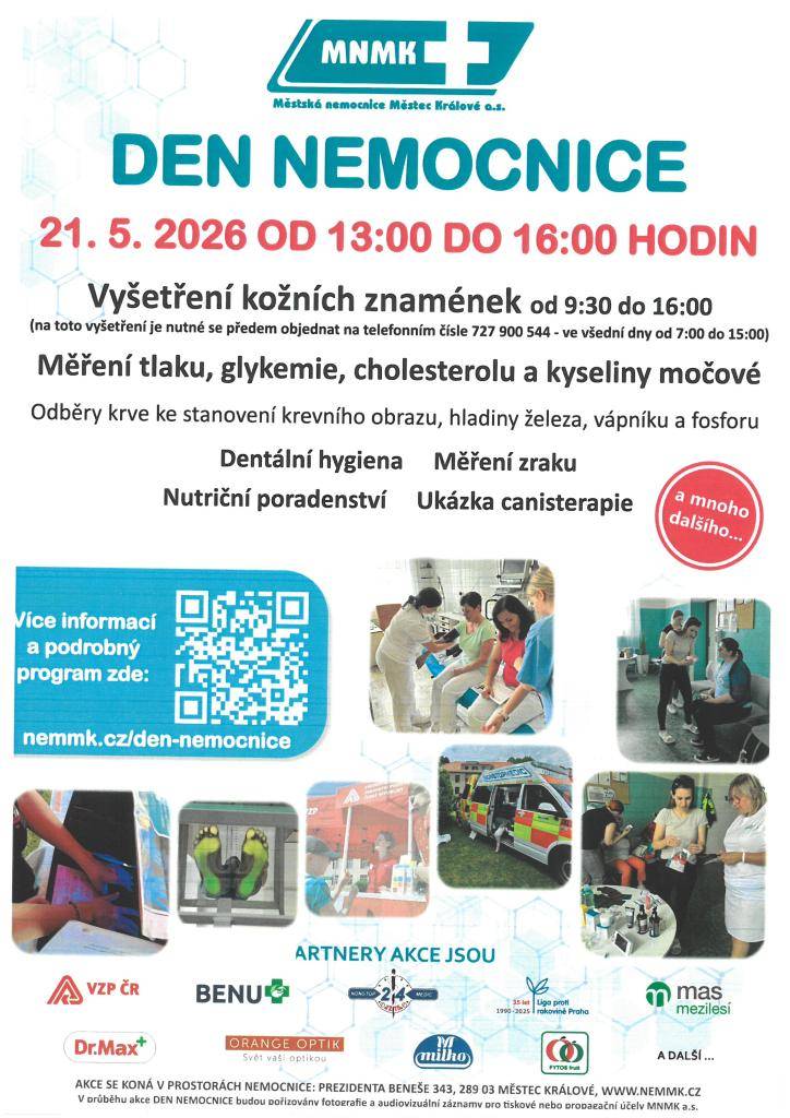Městská nemocnice Městec Králové pořádá Den nemocnice, který se uskuteční 21. května 2026 od 13:00 do 16:00 hodin. V rámci akce budou k dispozici různá vyšetření včetně kožních znamének a měření zdravotních parametrů.