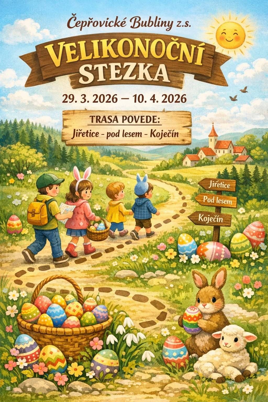 Vážení občané, Čepřovické Bubliny si pro Vás, ale hlavně pro Vaše děti připravily ,,Velikonoční stezku".  Trasa vede z Jiřetic-pod lesem -do Koječína, kde na děti čeká drobná odměna. Stezku bude k dispozici až do 10.4.2026.    Přejeme příjemnou zábavu.
