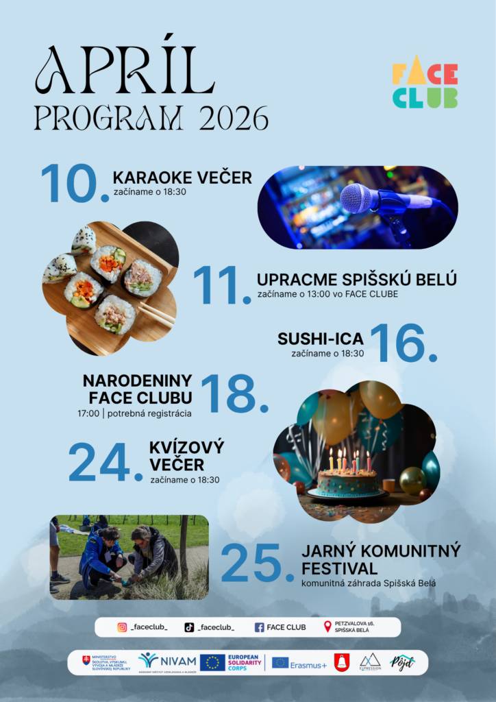Apríl prinesie pestrý program, kde si každý nájde to svoje. Čakajú nás večery plné zábavy, spoločné aktivity aj chvíle, keď si jednoducho oddýchneš. Tešiť sa môžeš na karaoke 🎤, sushi...
