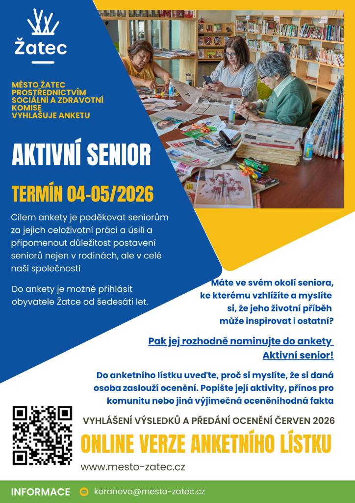 Město Žatec prostřednictvím Sociální a zdravotní komise vyhlašuje anketu Aktivní senior, jejímž cílem je zdůraznit význam seniorů nejen v rodinách, ale i v celé společnosti. Zároveň chce podpořit aktivní stárnutí, které pomáhá seniorům zůstat plní energie a elánu.