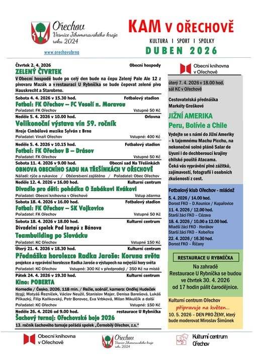 Kulturní a společenské akce: V dubnu se mohou občané těšit na pestrý program – velikonoční akce (Zelený čtvrtek, výstava vín), cestovatelskou i horolezeckou přednášku, divadelní představení pro děti i dospělé, promítání kina, šachový turnaj a tradiční pálení čarodějnic.   Sportovní akce: Na fotbalovém stadionu proběhne několik utkání mužů i mládeže FK Ořechov.   Spolkové a komunitní akce: Dobrovolníci se zapojí do obnovy obecního sadu Na Třešínkách.   Na všechny akce srdečně zvou pořadatelé.