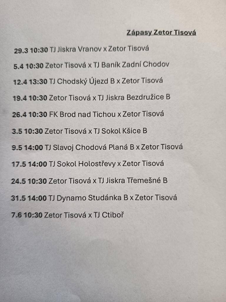 Rozpis zápasů Zetor Tisová.   Přijďte podpořit náš tým!