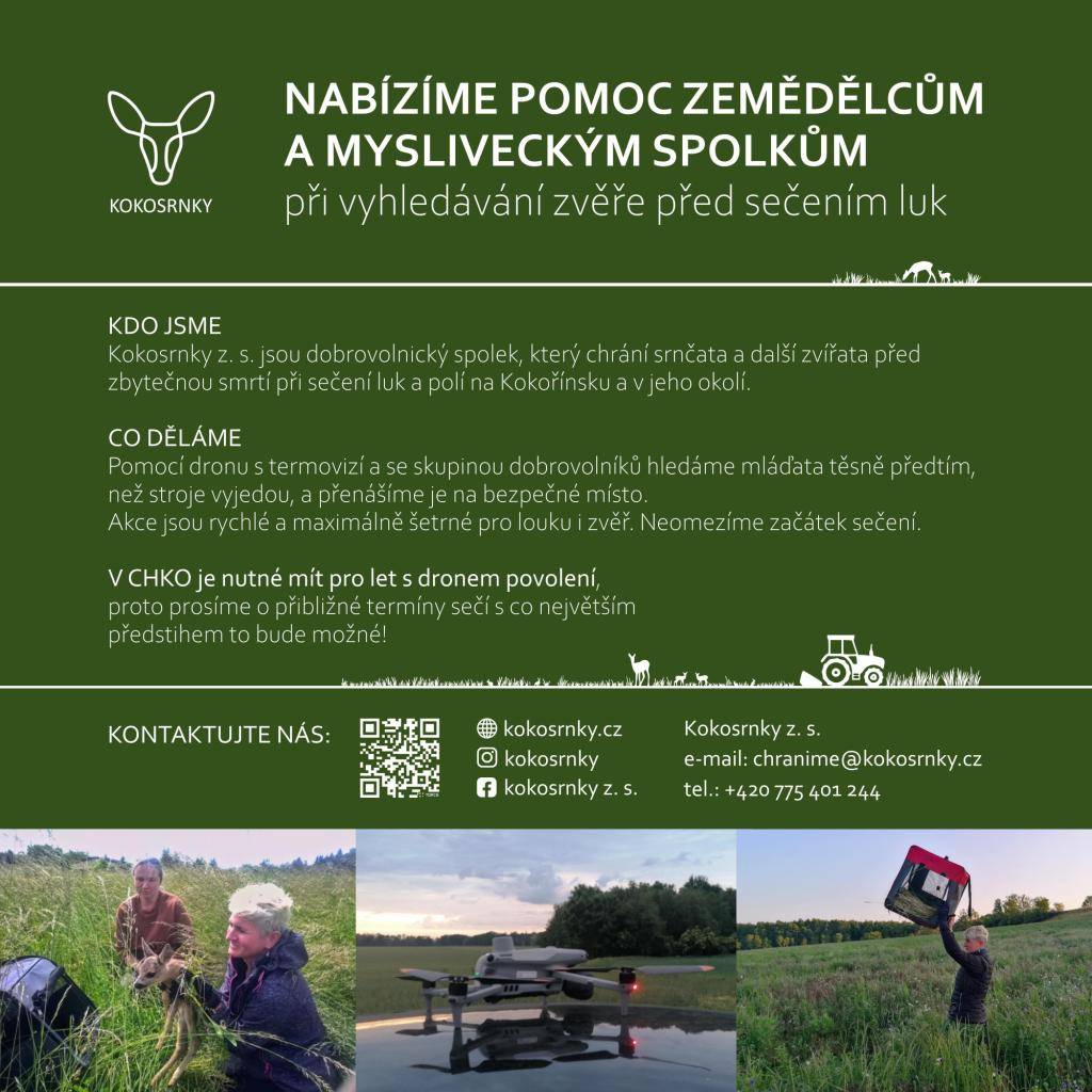 Nabízíme pomoc zemědělcům a mysliveckým spolkům při vyhledávání zvěře před sečením luk.