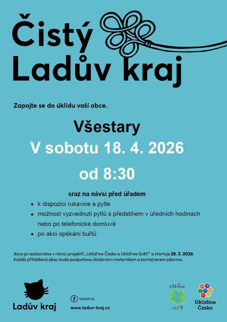 Blíží se jaro a s ním i pravidelný úklid obce v rámci akcí "Ukliďme Česko - Čistý Ladův kraj". Sraz je na návsi před obecním úřadem v 8:30 nebo na Vávrově před nástěnkou v 9:00 v sobotu 18. dubna. Kdo má chuť se přidat a svou přiloženou rukou pomoci odstranit odpadky podél silnic, cest, úvozů, ale vlastně kdekoliv v obci, bude mít k dispozici pytle a rukavice.  Po dokončení úklidu budou na návsi připraveny buřtíky k opečení a něco malého k pití.