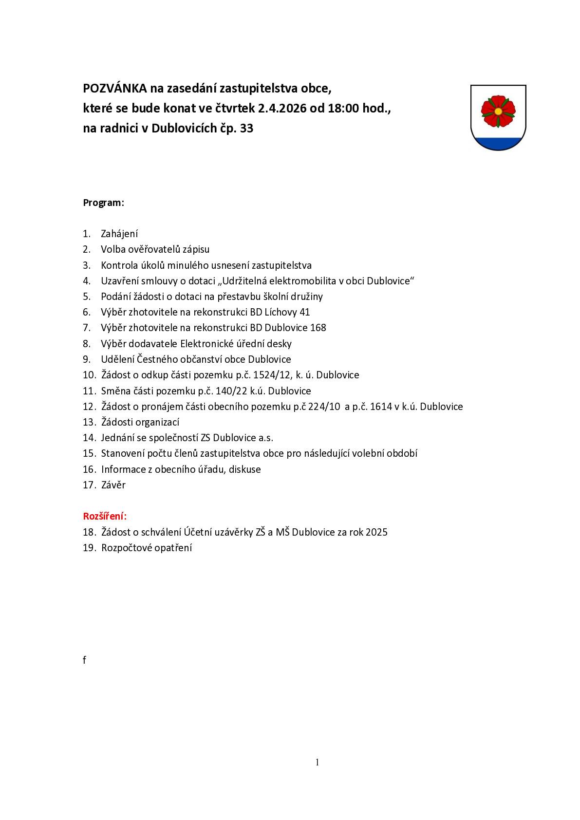 Ve čtvrtek 2.4. se koná zasedání obecního zastupitelstva od 18:00 hodin.