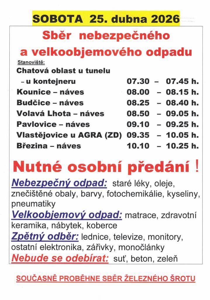 V sobotu 25. dubna 2026 proběhne svoz nebezpečného a velkoobjemového odpadu včetně železného šrotu.