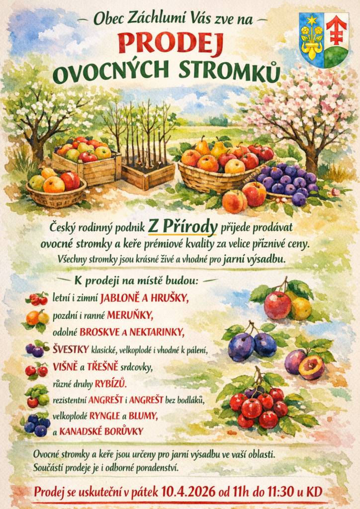 Přijďte si vybrat kvalitní ovocné stromky a keře pro vaši zahradu. Český rodinný podnik Z Přírody nabízí široký výběr jabloní, hrušní, meruněk, třešní i drobného ovoce za skvělé ceny. Vše vhodné pro jarní výsadbu. Těšíme se na vás 10. dubna u KD!