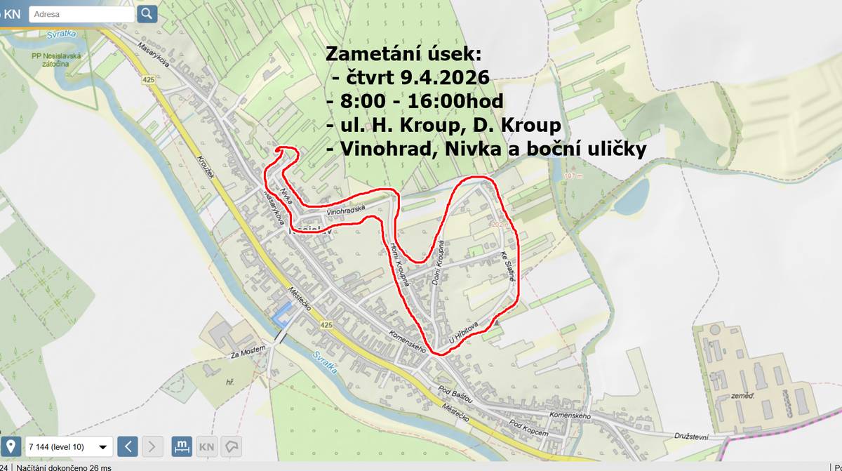 Pozítří (tj ve čtvrt 9.4. od 8:00hod) ZAMETÁME místní komunikace  - neparkujte prosím auta v jízdních a odstavných pruzích silnic, v  ulicích: H. Kroupná, D. Kroupná, Krefty, Ke Slatině, U Hrřbitova, Vinohradská, Nivka- viz obr. Děkuji starosta