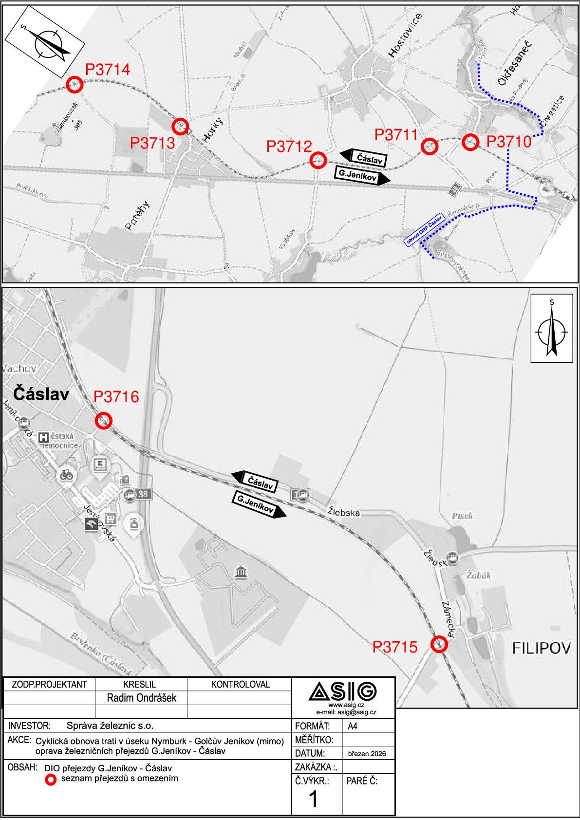 Z důvodu cyklické obnovy železniční tratě Čáslav – Golčův Jeníkov budou postupně uzavřeny přejezdy na této trati? - silnice č. III/33728  –  žel.  přejezd P3710 Okřesaneč  - 7.4.-10.4.2026 (08.00-08-00 hod.) a 13.4.-15.4.2026 (08.00-08-00 hod.)   Objízdní trasa -  po místní komunikaci na silnici č. III/3459 a dále na silnic I/38 (obousměrně)    - silnice č. III/33726  –  žel.  přejezd P3711 Hostovlice  - 7.4.-10.4.2026 (08.00-08-00 hod.) a 15.4.-18.4.2026 (08.00-08-00 hod.)   Objízdní trasa -   po  silnici č. III/33726 přes obec Hostovlice  na silnici č. III/33727 a na  a dále na silnic I/38 (obousměrně)    -  silnice č. III/33727 – žel. přejezd P3712 Hostovlice - 10.4.-15.4.2026 (08.00-08-00 hod.)                  Objízdní trasa -  po silnici č. III/33727 a III/33726 přes přejezd P3711 zpět na silnici  I/38 (obousměrně)    - silnice č. III/33825  –  žel.  přejezd P3713  Horky  -  7.4.-10.4.2026  (08.00-08-00  hod.) a 15.4.-18.4.2026 (08.00-08-00 hod.)   Objízdní trasa -  Horky po silnici č. I/38 směr Čáslav dále po silnici č. II/337 směr Žleby (obousměrně)    - účelová komunikace (polní cesta) – žel. přejezd P3714 Horky - 7.4.-18.4.2026   Objízdní trasa -  bez objízdné trasy    - silnice č. III/33723 – žel. přejezd P3715 Filipov - 10.4.-15.4.2026 (08.00-08-00 hod.)                  Objízdní trasa -  z obce Filipov po silnici č. II/337 na silnici č. I/38 směr Drobovice (obousměrně)    - místní komunikace Jar. Vrchlického – Plynárenská, Čáslav – žel. přejezd P3716 - 7.4.-18.4.2026 – v době 7:30-18:00 hod uzavřeno, 18:00 -7:30 provizorní zprovoznění přejezdu                 Objízdní trasa -  bez objízdné trasy