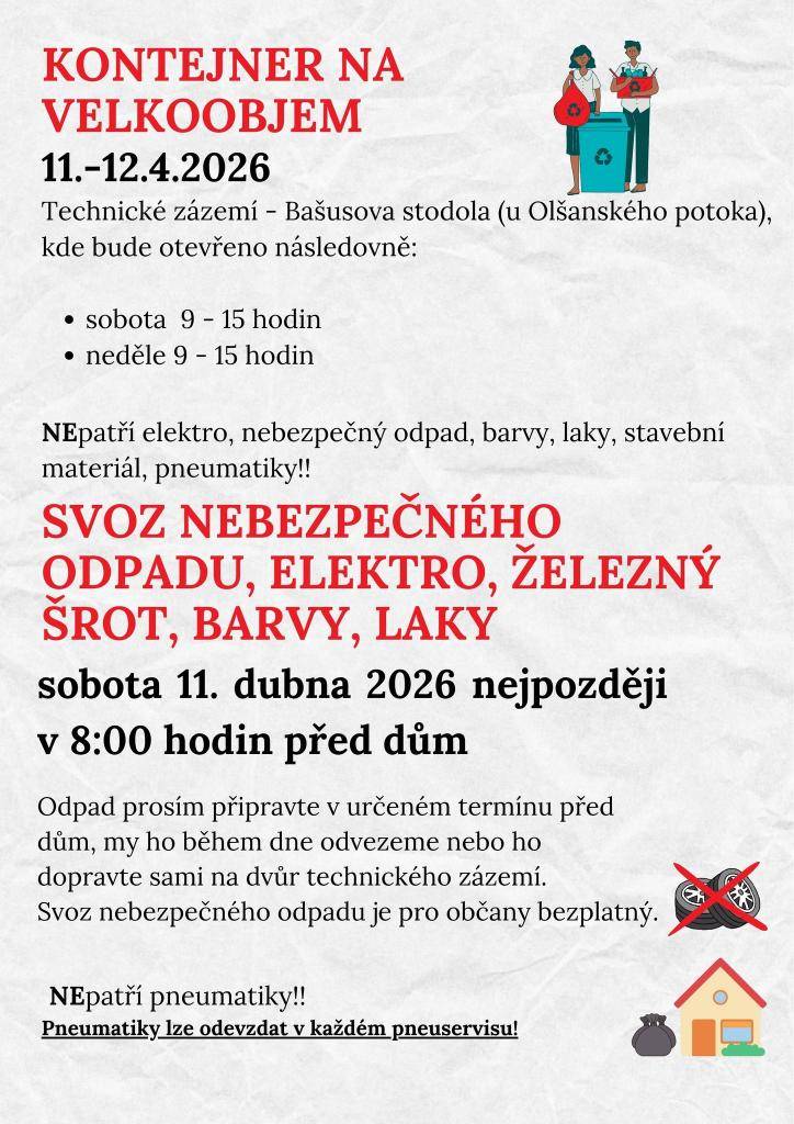 Kontejner na velkoobjemový odpad bude přistaven v Bašusově stodole od 11-12.4. od 9 do 15 hodin. Elektrozařízení, železo a nebezpečný odpad připravte v sobotu 11. dubna v 8 hodin před dům, během dne ho odvezeme.