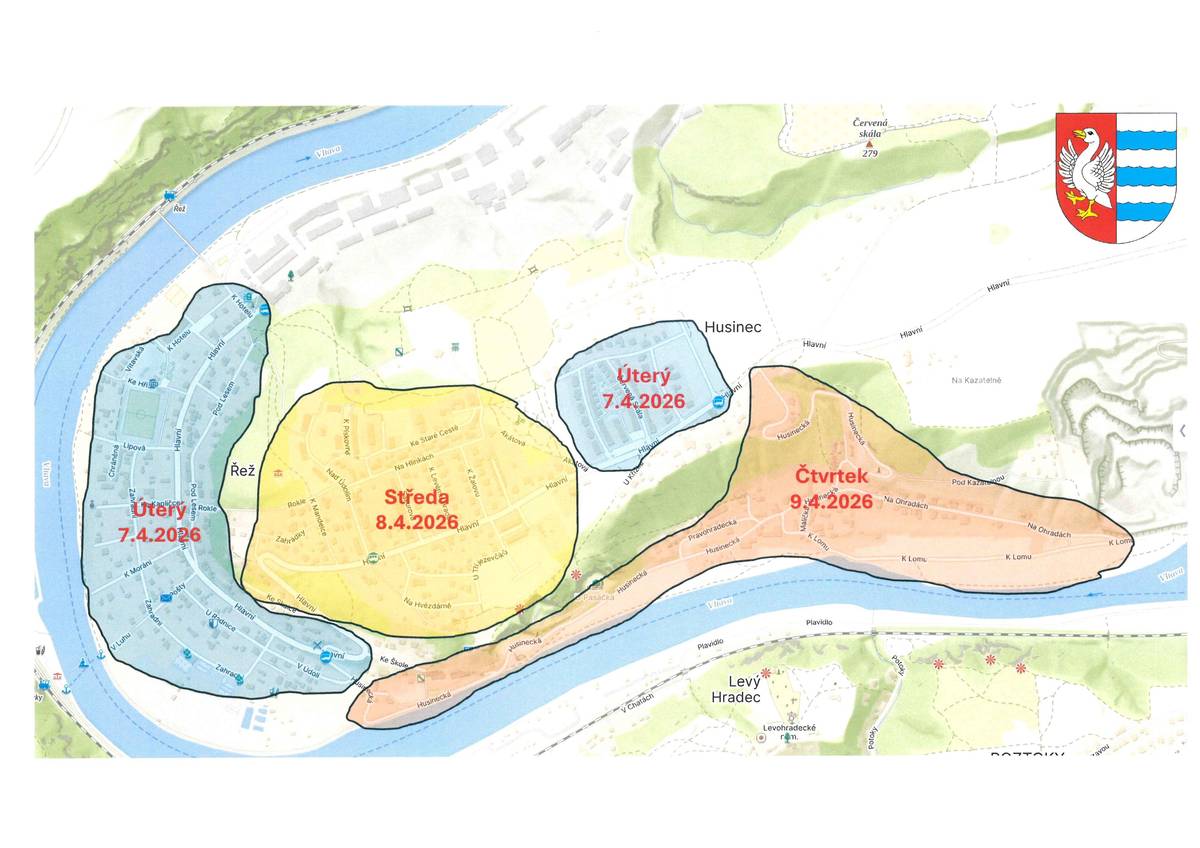 ÚKLID KOMUNIKACÍ 2026 Ve dnech 7.4. - 9.4. 2026 bude probíhat v obci Husinec úklid komunikací v harmonogramu dle přiložené mapky níže.  Prosíme občany, aby v uvedený den uvolnili komunikace. tým OÚ