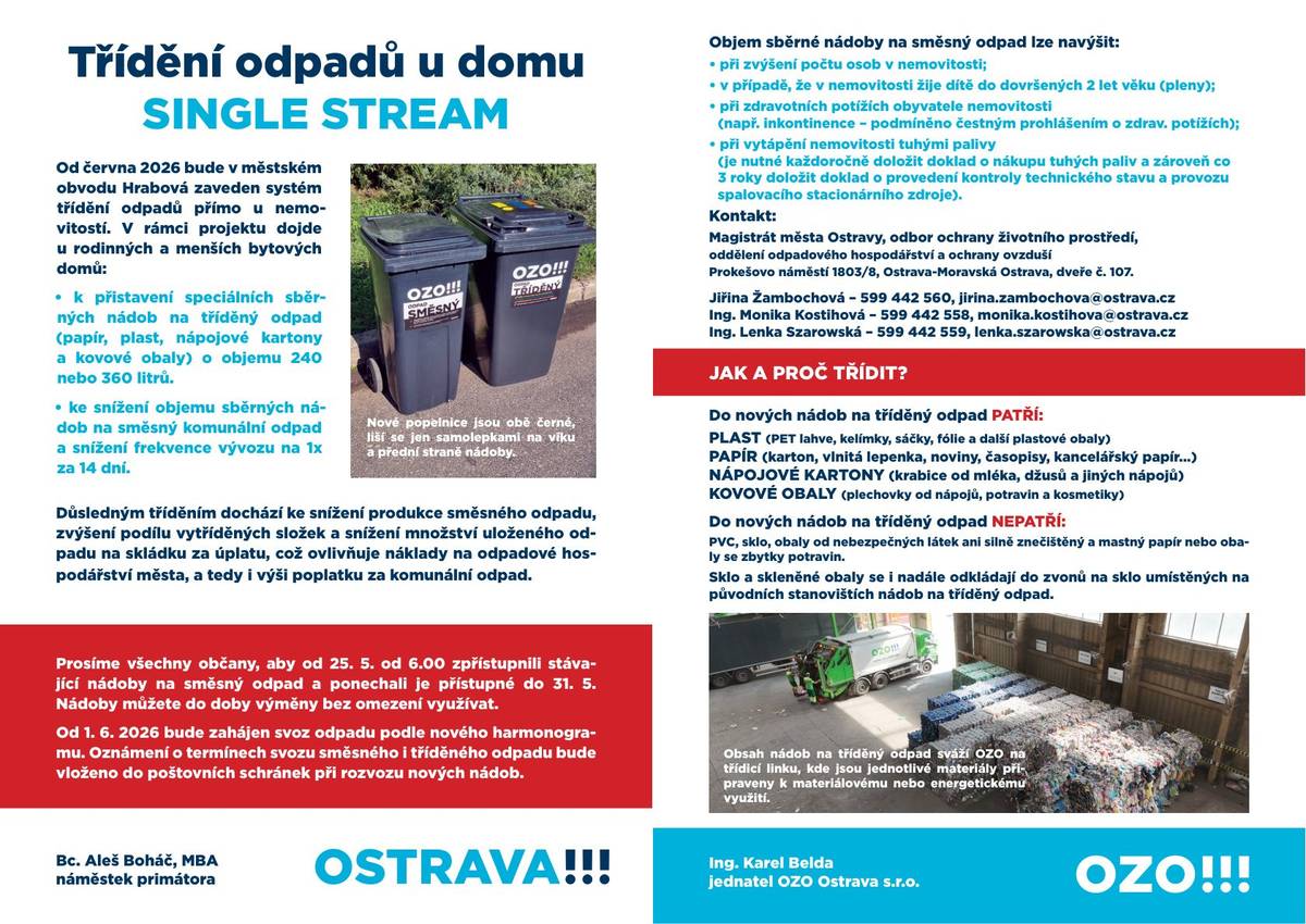Od 6/2026 budou u rodinných a menších bytových domů přistaveny speciální nádoby na tříděný odpad (papír, plast, kartony, kovy). Směsný odpad se bude svážet 1× za 14 dní. 📅 25.–31. 5. 2026 zpřístupněte popelnice k výměně. Harmonogram svozu obdržíte odpolečnosti OZO Ostrava do schránek.