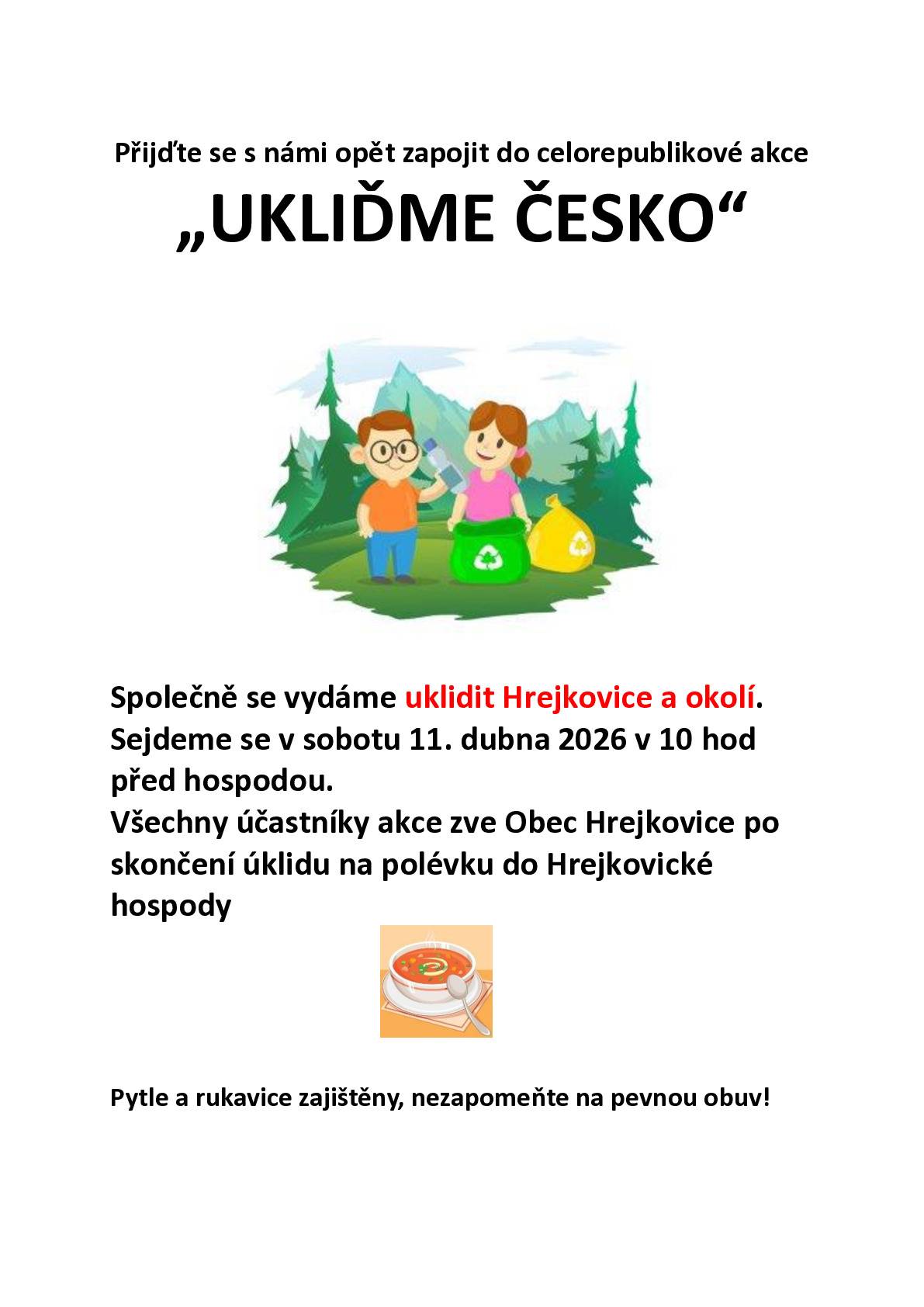 V sobotu 11.4.2026 proběhne opět úklid Hrejkovic. Sraz pro zájemce je před Hrejkovickou hospodou v 10 hodin. Po úklidu na vás čeká malé občerstvení.