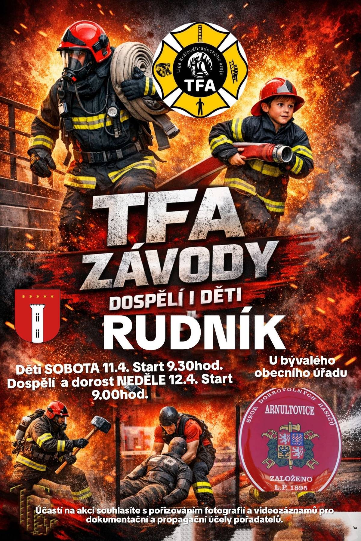 Srdečně vás zveme na hasičské závody TFA ligy Královéhradeckého kraje, které se uskuteční 📅 sobota 11. dubna bude patřit dětem, které si vyzkouší své dovednosti v dětských kategoriích. ⏰ od 09:30 hod. 📍 před kulturním domem v Rudníku 📅 neděle 12. dubna  nabídne závody pro dorost a dospělé, kde uvidíte skutečné výkony plné odhodlání a bojovnosti. ⏰ od 09:00 hod. 📍 před kulturním domem v Rudníku Přijďte podpořit své favority nebo jen nasát skvělou atmosféru. Bohaté občerstvení zajištěno.  Těšíme se na vás!  Hasiči Rudník-Arnultovice a Hasiči Rudník - Arnultovice , Děti