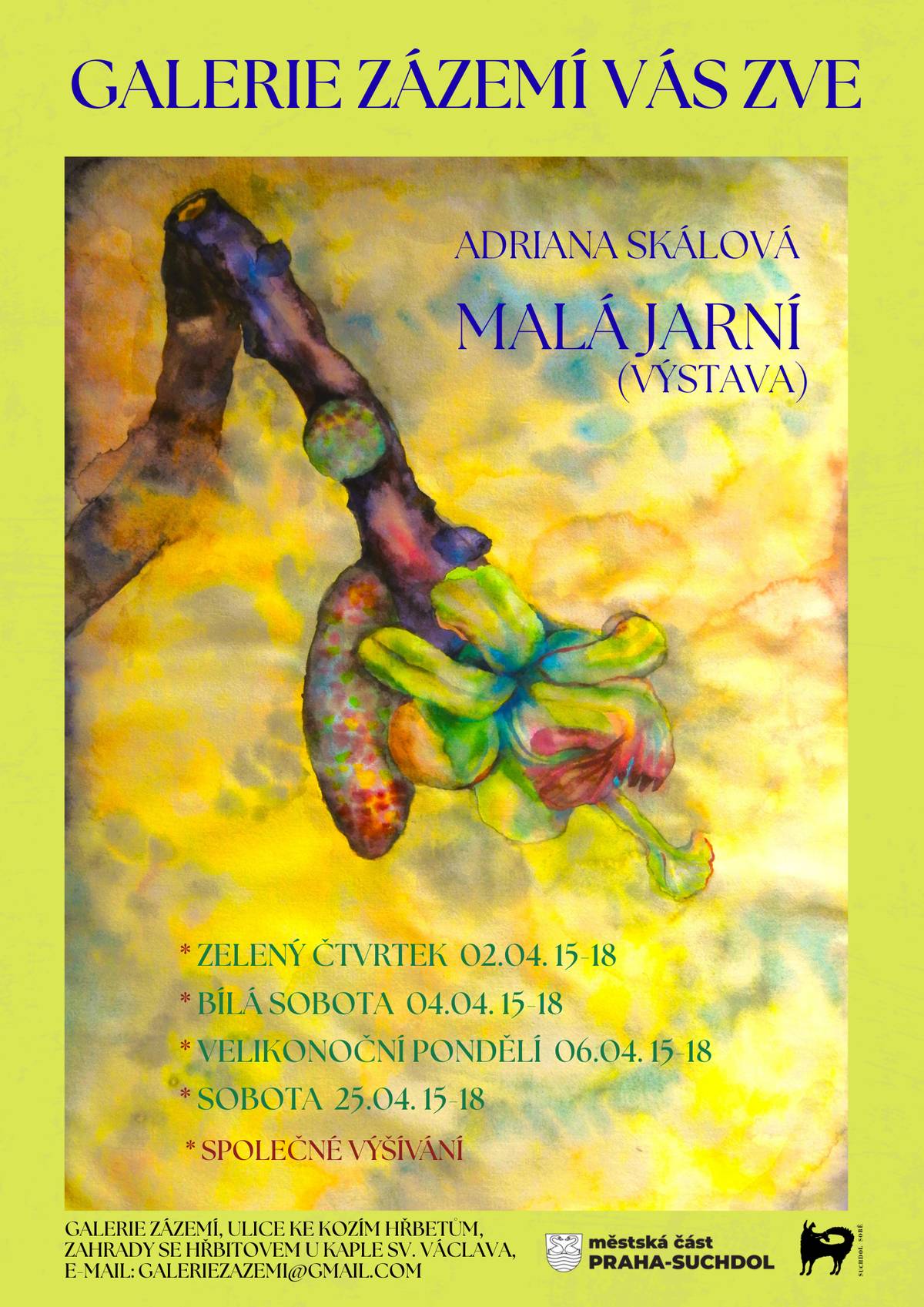 Dnes, v sobotu 4. dubna, a v pondělí 6. dubna se můžete mezi 15. a 18. hodinou přijít podívat na Malou jarní výstavu naší suchdolské sousedky akademické malířky Adriany Skálové. Prohlídku můžete spojit s procházkou směrem ke Kozím hřbetům, protože výstava je umístěna v Galerii zázemí, kterou najdete ve vstupním objektu do areálu Zahrad se hřbitovem u kaple sv. Václava. Poslední příležitost navštívit výstavu budete mít v sobotu 25. dubna opět mezi 15. a 18. hodinou. Těšíme se na Vás.