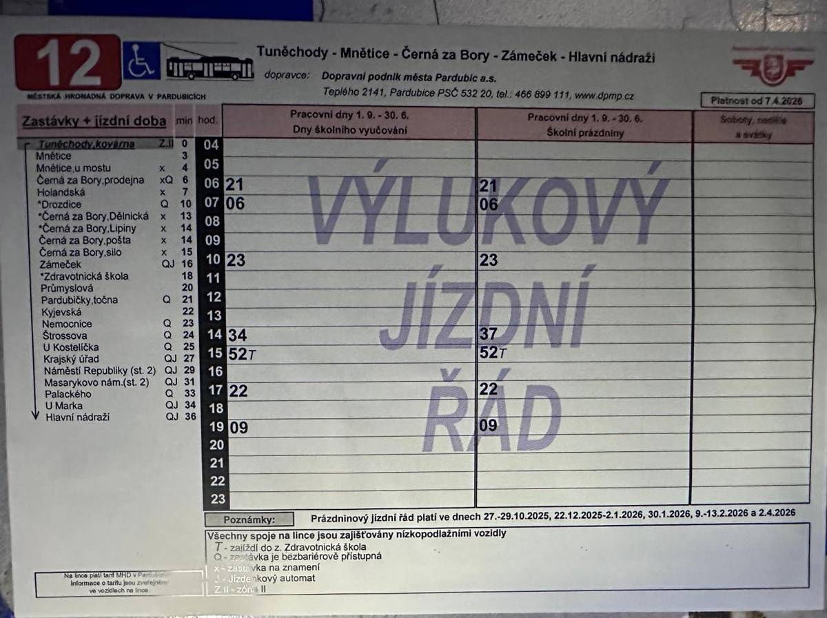 Upozorňujeme, že od úterý 7.4.2026 platí výlukové jízdní řády pro autobusy do Chrudimi a MHD č. 12 do Pardubic. Některé časy odjezdů autobusů se mírně liší.