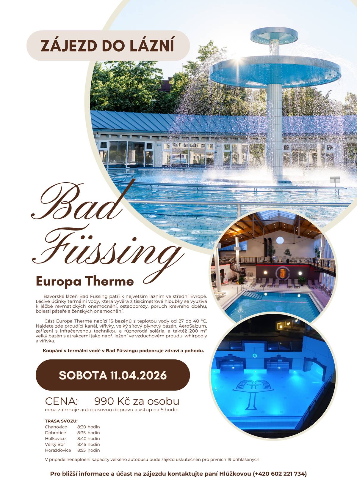 Dobrý den,  na sobotní zájezd do lázní se uvolnila tři místa.  Pokud máte chuť vyrazit anebo byste rádi více informací, kontaktujte paní Hlůžkovou. Základní informace naleznete na přiloženém plakátu. S přáním pěkného dne,  Vaše Obec Chanovice.  Ondřej Klásek