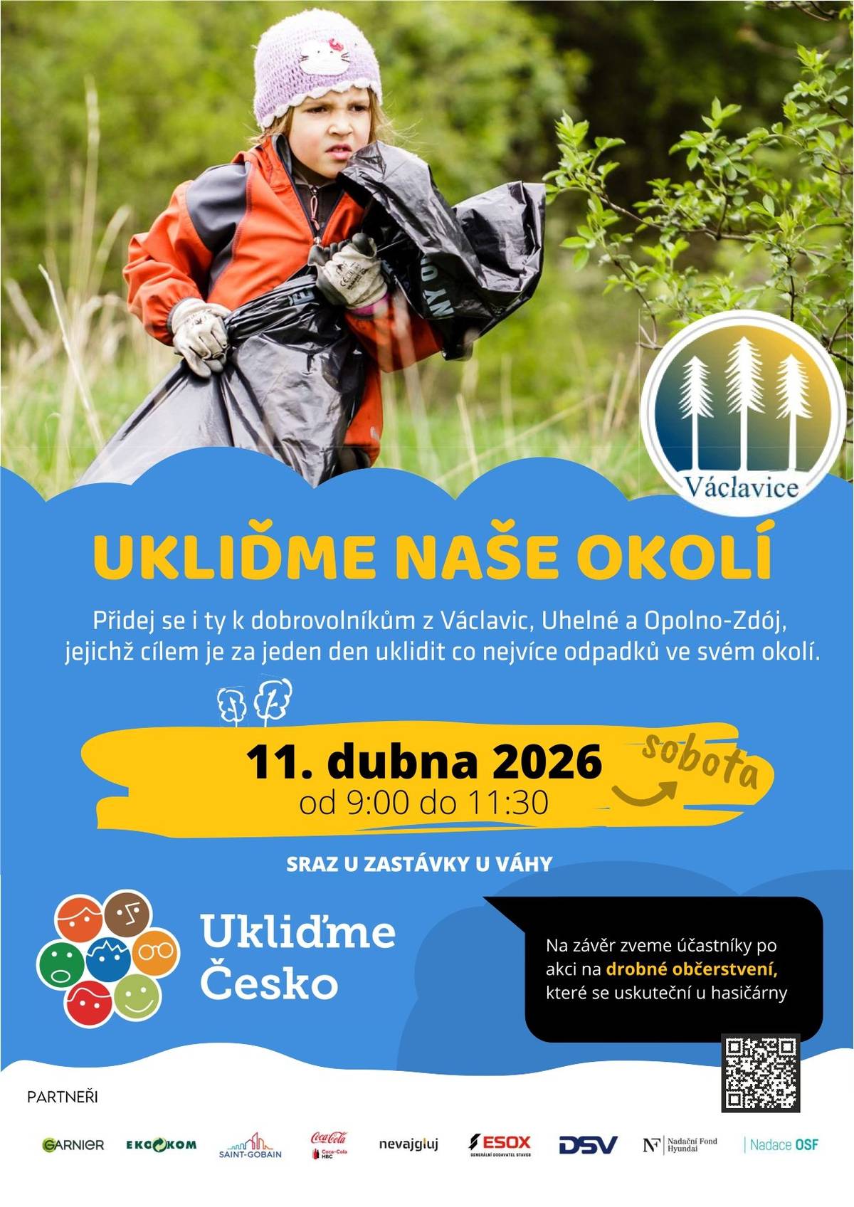 Přijďte společně uklidit místo, kde žijeme. Ve spolupráci s přáteli z Polska se bude uklízet i na státní hranici. Pytle, rukavice a občerstvení jsou zajištěny, nezapomeňte na pevnou obuv! Sraz je v 9:00 u zastávky „U Váhy“. Akce se koná v sobotu 11. dubna 2026 od 9:00 do 12:30, poté bude následovat opékání buřtů u hasičárny. Ti, kteří nemohou v tento den, se mohou připojit již v předstihu. Předáme vám označené pytle (info: Iva Červená a OV Václavice), které po naplnění donesete na sběrné místo, nebo je necháte u krajnice (po tel. dohodě). Svoz bude zajištěn v sobotu. Budeme se na vás těšit!