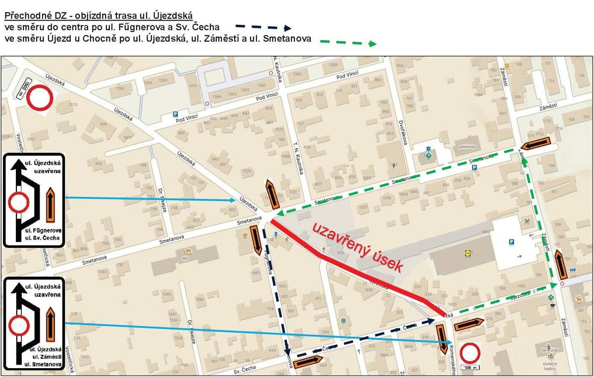 Ulice: Újezdská Termín: 07.04. - 14.04.2026 Doba trvání: 8 dnů Investor: Město Choceň, IČO 002 78 955 Zhotovitel: P S K , s.r.o. CHOCEŇ, IČO 632 20 369 Druh: úplná uzavírka provozu   Odůvodnění: realizace stavby (akce) "Celoplošná oprava povrchu vozovky ul. Újezdská“ Úplná uzavírka ul. Újezdská v úseku od ul. Komenského po ul. Smetanova. Stávající a již nevyhovující asfaltový povrch vozovky bude odstraněn a nahrazen novým živičným povrchem.