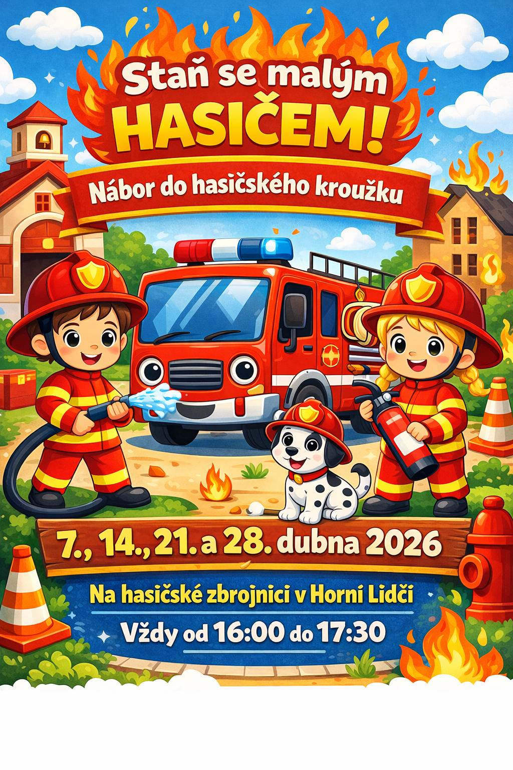 Sbor dobrovolných hasičů Horní Lideč zve děti i jejich rodiče na předváděcí setkání nově vznikajícího kroužku mladých hasičů. V průběhu měsíce dubna proběhne na hasičské zbrojnici několik setkání, během kterých si děti mohou vyzkoušet různé aktivity spojené s činností hasičů. Program bude zaměřen na hasičský sport, základy práce hasičů, týmovou spolupráci i prevenci a bezpečnost. Setkání jsou určena pro všechny děti, které by si chtěly činnost mladých hasičů vyzkoušet, a také pro rodiče, kteří se chtějí dozvědět více informací o fungování kroužku. Kroužek je určen pro děti ve věku: 4–6 let – přípravka 6–11 let – mladší žáci 11–15 let – starší žáci       Těšíme se na nové členy našeho hasičského kolektivu.