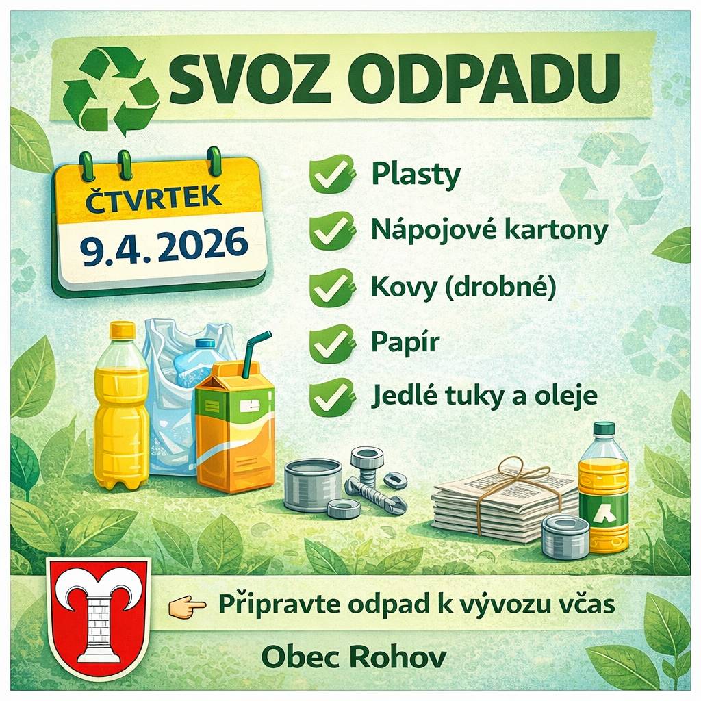 Obecní úřad v Rohově informuje občany o nejbližším termínu svozu plastů, nápojových kartonů, sběru papíru, jedlých tuků a olejů.