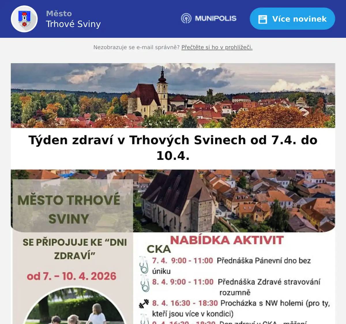 Od zítřka 7.4. nás čeká týden zdraví v Trhových Svinech. Určitě si z pestré nabídky vyberete.