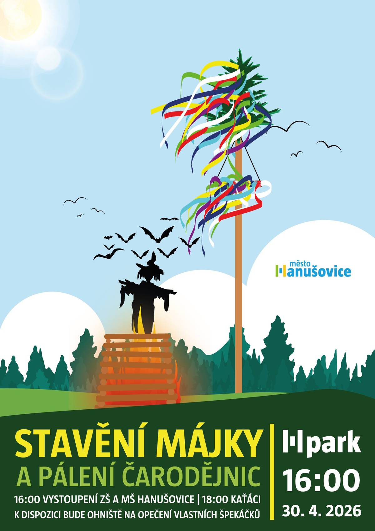 Vážení a milí spoluobčané, přijďte na první venkovní akci do Hparku "Stavění májky a pálení čarodějnic". Akce se uskuteční ve čtvrtek 30.4.2026 od 16 hodin. K tanci a poslechu zahrají Kaťáci. Přijďte se pobavit a užít si první venkovní akci. Těšíme se na vás.