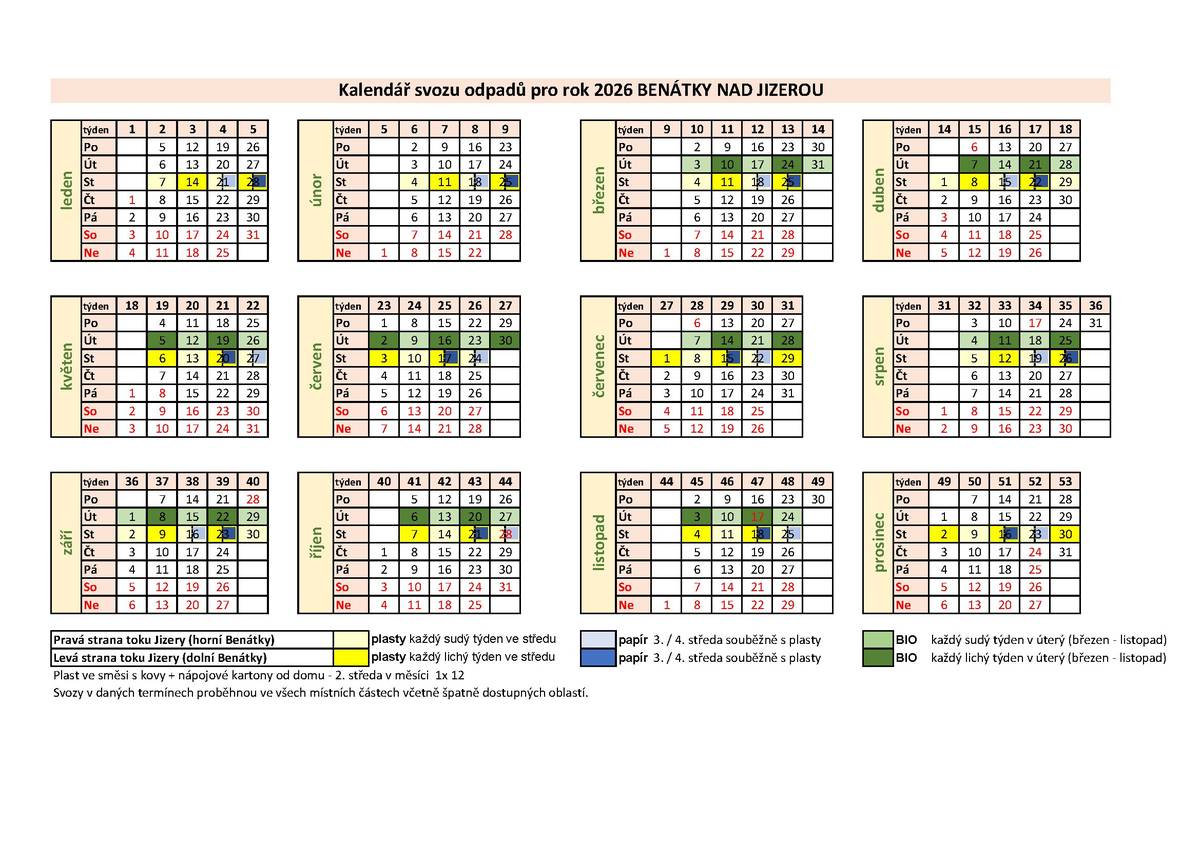 Svoz tříděného odpadu dolní Benátky - levá strana dle toku Jizery. Úterý - BIO Středa - PLASTY Středa - PAPÍR - svoz probíhá 3. nebo 4. týden v měsíci (DATUM SVOZU PAPÍRU SLEDUJTE DLE NÍŽE UVEDENÉHO KALENDÁŘE!) Nezapomeňte připravit popelnice již večer před svozem. Svoz probíhá již od 5 ráno. Hezký de