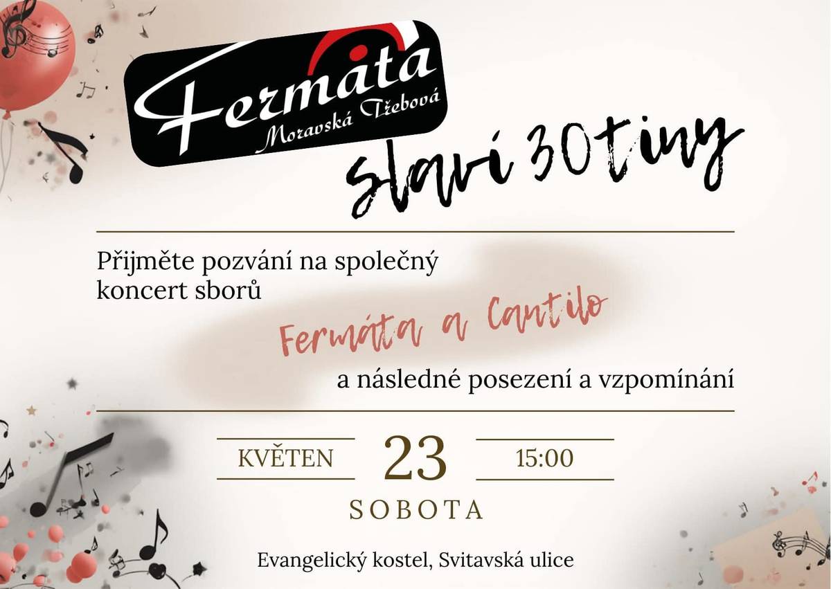 Přijměte pozvání na společný koncert sborů. ➡️sobota 23. května v 15:00 Evangelický kostel, Svitavská ulice Těšíme se na vás.