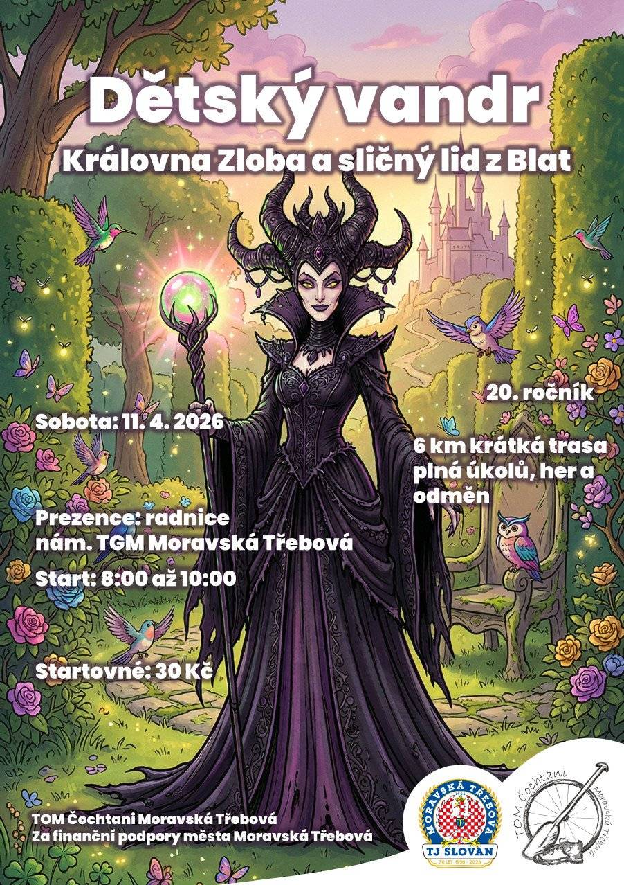 Letos se koná již 20. ročník Dětského vandru. Přijďte se 11.04.2026 pobavit se svými dětmi a užít si parádní sobotu... Vydejte se za sličným lidem do Blat, poznejte královnu zlobu. Za splnění několika úkolů vás odměna nemine. Prezentace: radnice, nám. T. G. Masaryka Start: 8:00 až 10:00 Startovné: 30 Kč