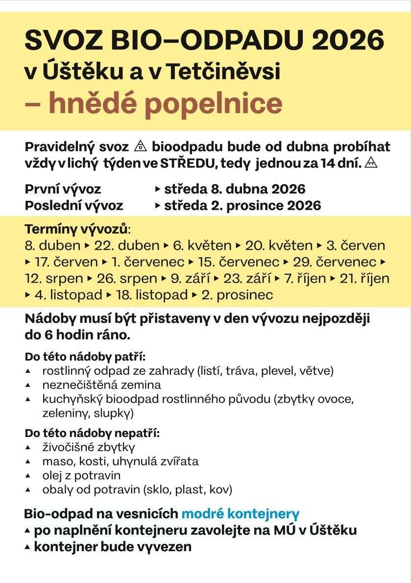 První svoz bioodpadu - hnědé popelnice, v Úštěku a Tetčiněvsi bude zítra 8. 4. 2026 brzy ráno.