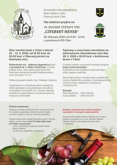 Dňa 28.2.2026 sa konal v Cíferi 32. ročník degustácie vín.Aj ružindolskí záhradkári prispeli na túto akciu niekoľkými vzorkami vín. Ing. Vladimír Púčik získal zlatú medailu a zároveň sa stal víťazom odrody Veltlín zelený.