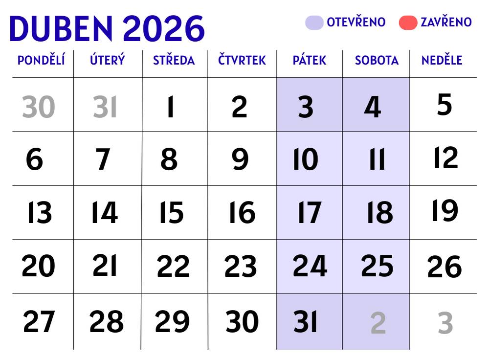 Duben: otevřeno  Květen: otevřeno  Červen: otevřeno, od 26.6. do 12.7 DOVOLENÁ ZAVŘENO  Červenec: od 17.7. otevřeno    pro podrobnější znázornění viz. obrázek