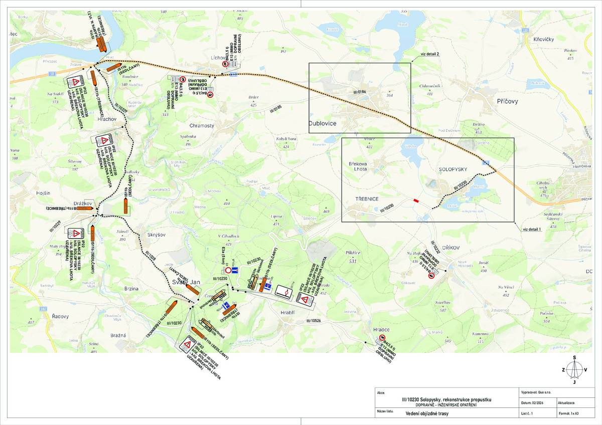 Úplná uzavírka silnice č. III/10230, za účelem rekonstrukce propustku u obce Solopysky. Termín: 13.04.2026 – 31.07.2026
