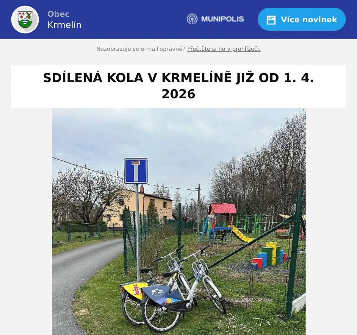 Vážení občané, dovolte, abychom Vás informovali o zřízení 3 nových stanovišť pro sdílená kola v naší obci u Cukrárny pod Ořechem parkoviště ,,Světlov,, U Paleska Mapu najdete v appce na www.nextbikeczech.com Stáhněte si aplikaci a můžete na kole vyrazit jak do Frýdku-Místku, tak do Ostravy. 15 minut zdarma, poté 25 Kč za dalších 45 minut jízdy a za každých dalších 30 minut opět 25 Kč. 