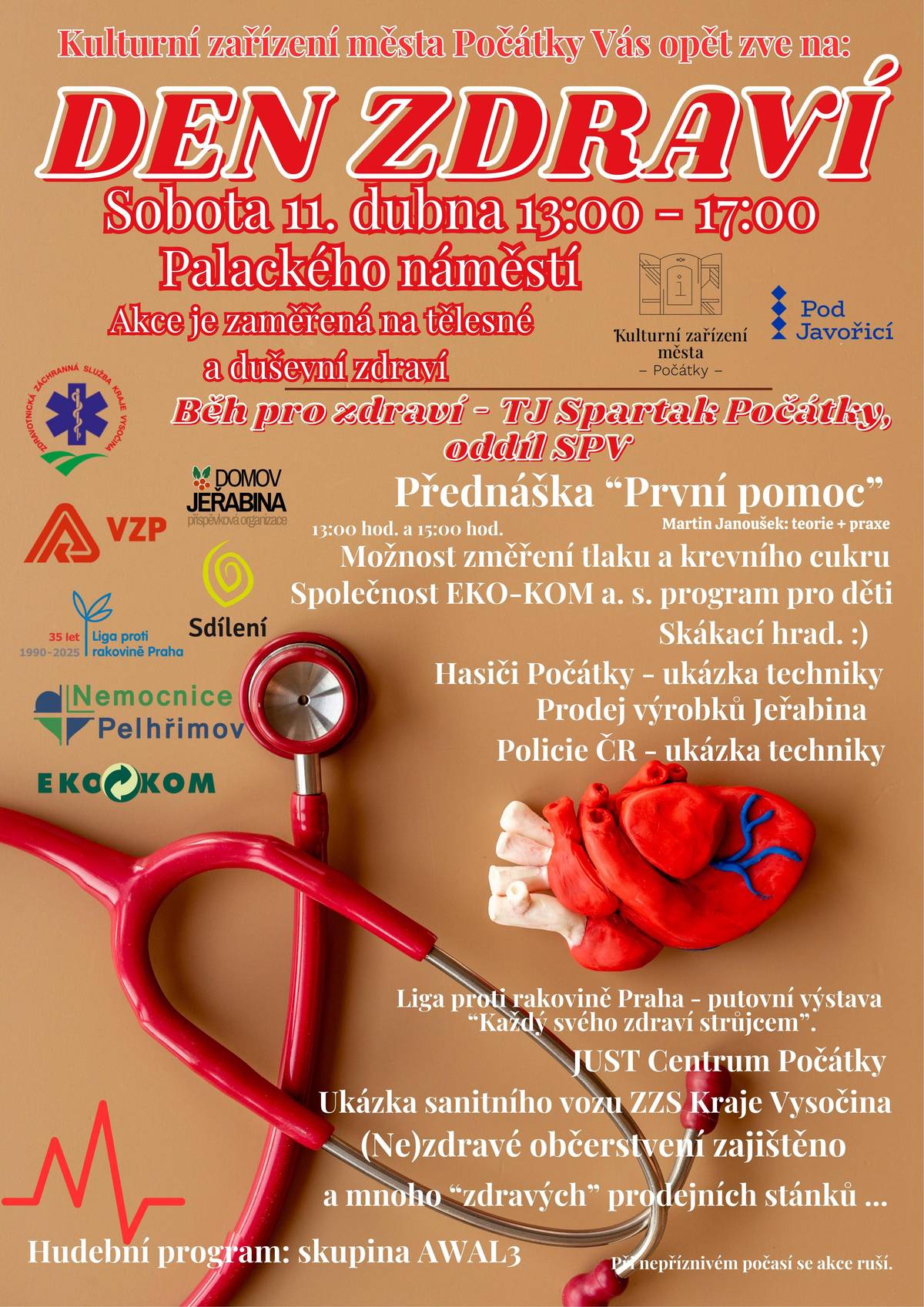 Počátecký Den zdraví 2026 je tu! Přijďte si užít super odpoledne plné prevence, zábavy a skvělé atmosféry! Sobota 11. dubna, 13:00–17:00 Palackého náměstí Co vás čeká? Měření tlaku a cukru Ukázka sanitního vozu ZZS Kraje Vysočina Policie ČR & hasiči – technika naživo Program pro děti od EKO‑KOM Přednášky První pomoc (13:00 a 15:00) – Martin Janoušek Běh pro zdraví TJ Spartak Počátky, oddíl SPV Hudební doprovod: AWAL3 Skákací hrad pro nejmenší Spousta „zdravých“ stánků & občerstvení Výstava Ligy proti rakovině: Každý svého zdraví strůjcem Přijďte prožít den, který vám může změnit život k lepšímu.  Vstup zdarma. Při nepříznivém počasí se akce ruší.