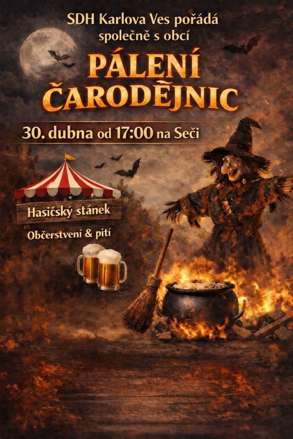 PÁLENÍ ČARODĚJNIC 2026 30.4.2026 NA SEČI OD 17 HODIN OBČERSTVENÍ ZAJIŠTĚNO