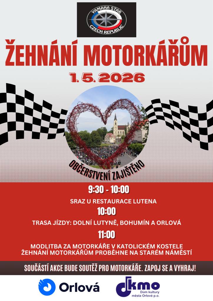 Také letos chystáme pro motorkáře symbolickou prosbu o bezpečí, ochranu a šťastné návraty. Žehnání motorkářům se uskuteční v pátek 1. května. Sraz je v 9:30 hodin u restaurace Lutena. V 10 hodin odstartuje spanilá jízda. V 11 hodin začne v kostele Narození Panny Marie v Orlové-Městě motorkářská mše a po ní bude farář na Starém ...
