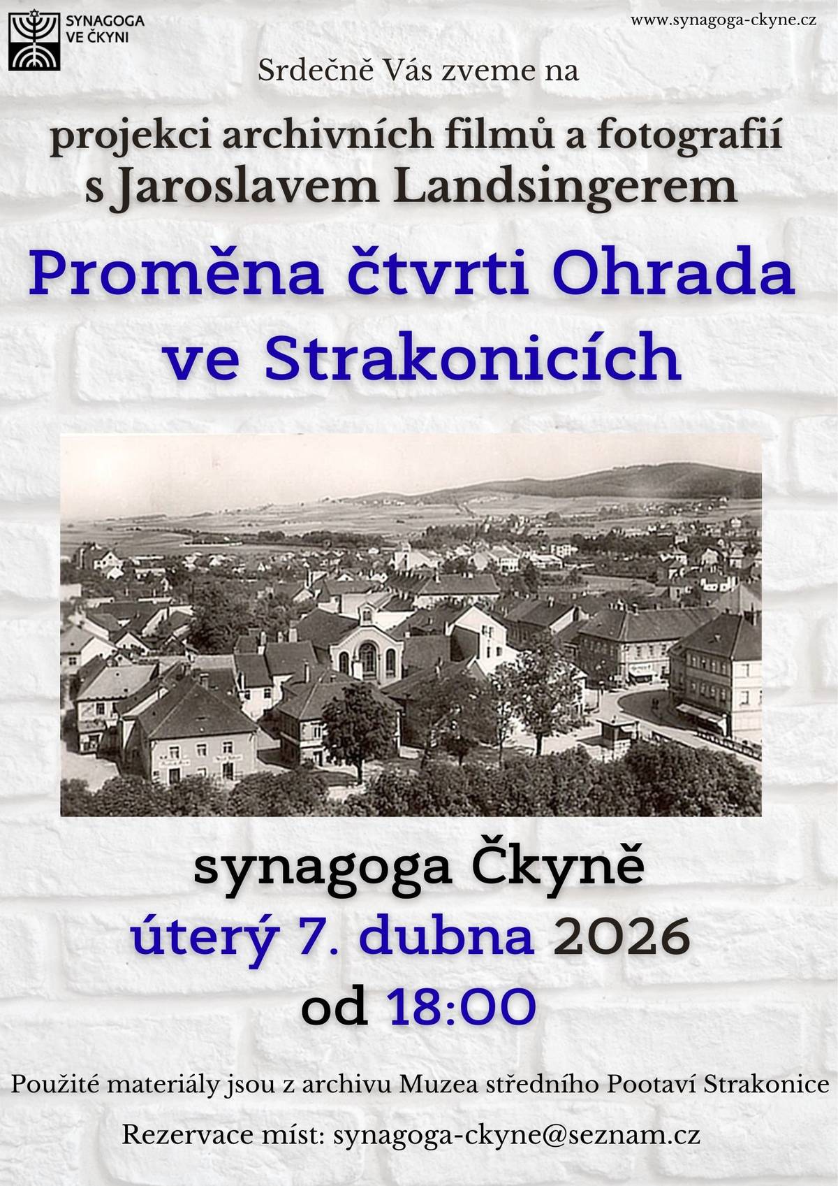 V úterý 7. dubna 2026 od 18:00 hodin se koná projekce archivních filmů a fotografií na téma proměny čtvrti Ohrada ve Strakonicích. Všichni jsme zváni. je nutná rezervace míst.