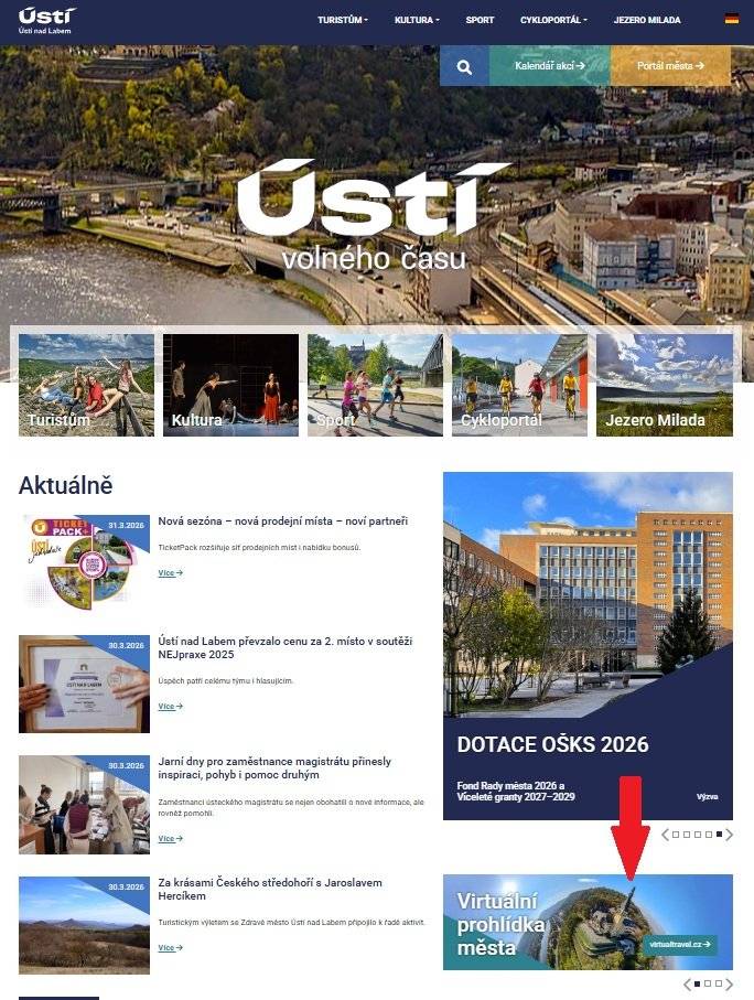 Na webových stránkách města Ústí nad Labem jsme pro Vás připravili novinku, která Vám umožní podívat se na známá i méně známá místa z úplně jiné perspektivy. Nově si totiž můžete prohlédnout panoramatické fotografie různých částí města, a to včetně konkrétních bodů zájmu.  Díky těmto snímkům si můžete konkrétní místa projít doslova z pohodlí domova a získat tak lepší orientaci i inspiraci, kam se vydat osobně. Na projektu samostatně spolupracovaly i jednotlivé městské obvody. Projekt navíc nekončí. Do budoucna budeme jednotlivé body zájmu průběžně doplňovat, takže se můžete těšit na další rozšiřování a nové pohledy na město. Pokud si chcete novinku vyzkoušet, stačí navštívit úvodní stránku webu města. Odkaz na panoramatické fotografie najdete na jednom z rotujících bannerů.  Pro přímý odkaz stačí kliknout zde.  Vydejte se na virtuální procházku a objevte město zase trochu jinak 😊