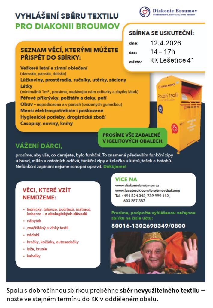 Sbírka textilu pro charitu Broumov a nevyužitelného textilu v KK Lešetice 41 v neděli 12.4. od 14 do 17h