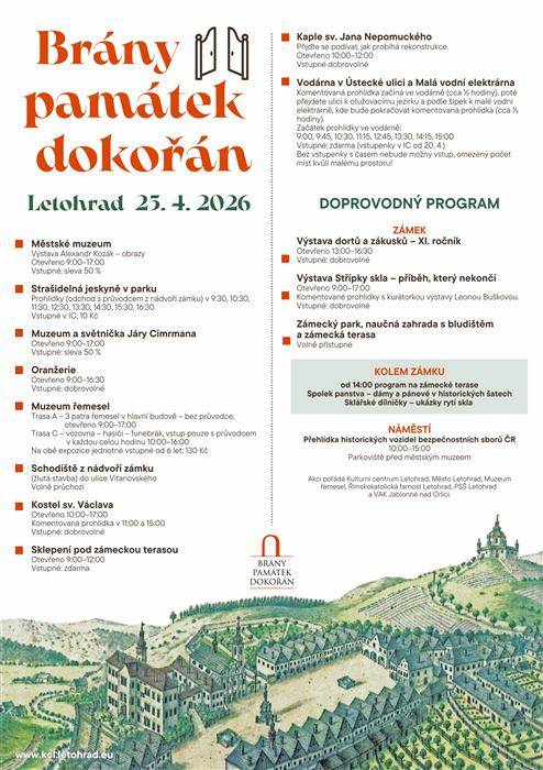 Blíží se oblíbená akce Brány památek dokořán. Většina památek ve městě se otevře v sobotu 25.4.2026. Kromě historických budov bude možné nahlédnout také do vodárny v Ústecké ulici nebo do malé vodní elektrárny.  Tradičně akci doprovodí také oblíbená Výstava dortů a zákusků. Všichni jste srdečně zváni.