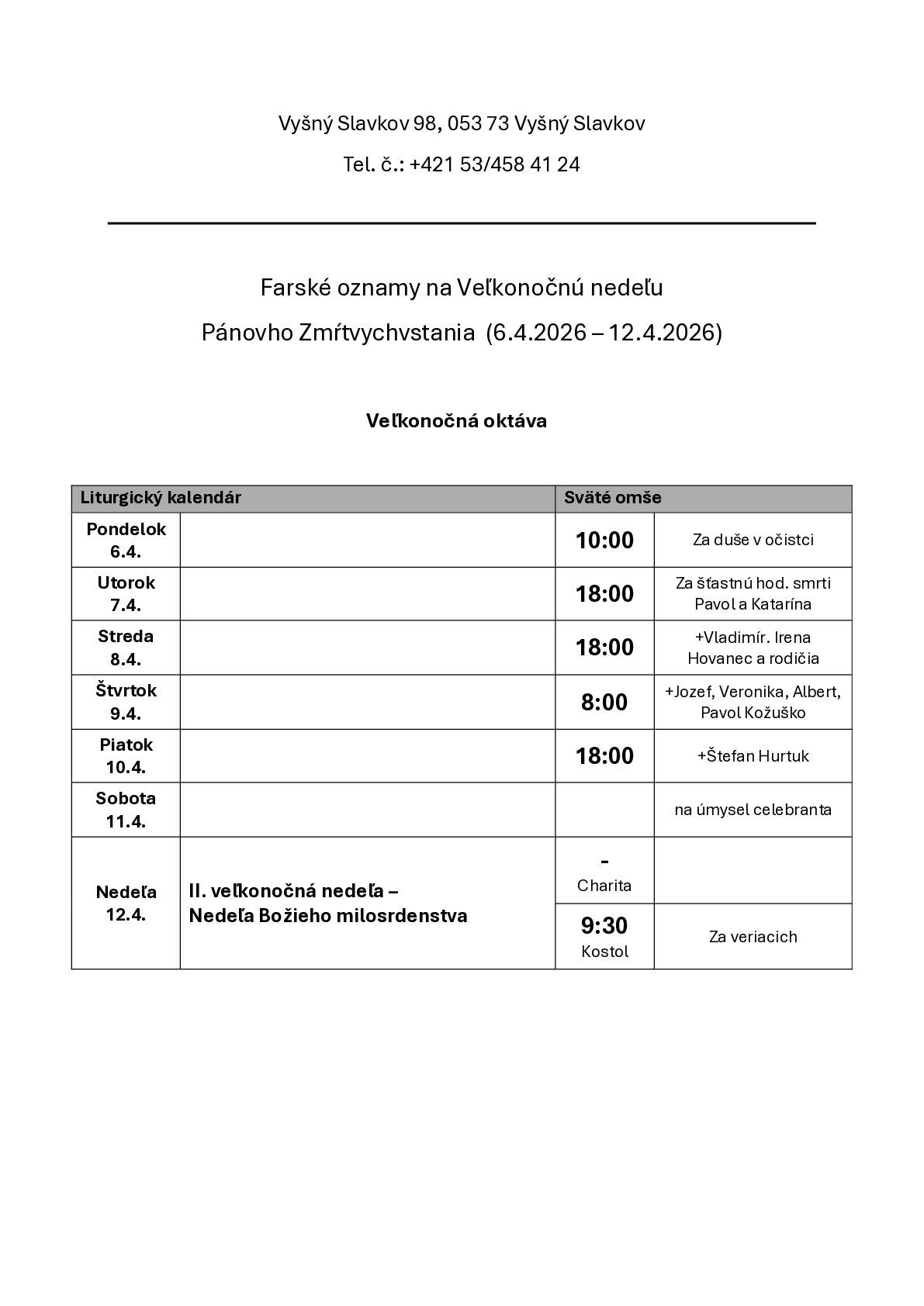 Farské oznamy na Veľkonočnú nedeľu