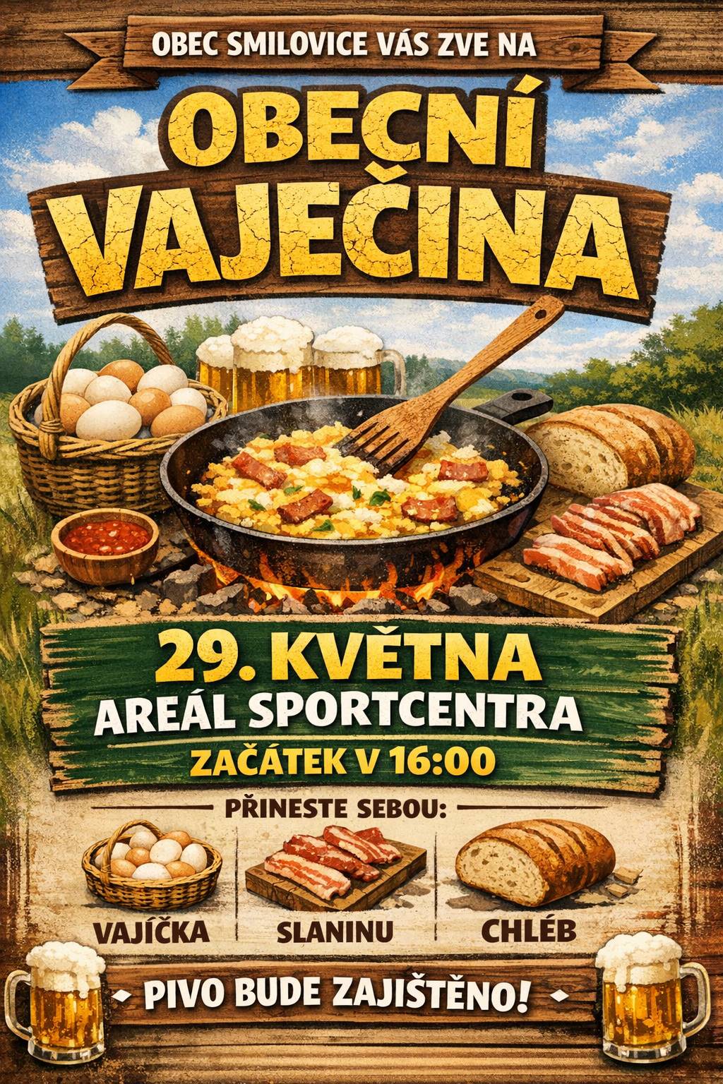 🥚🌿 Obecní vaječina ve Smilovicích je zpět! 🌿🥚 Milí sousedé, srdečně vás zveme na tradiční obecní vaječinu, kde se potkáme, popovídáme a společně si užijeme pohodové odpoledne plné dobrého jídla a přátelské atmosféry. 📅 Kdy: 29. května 🕓 V kolik: od 16:00 📍 Kde: areál sportcentra Co vás čeká? 🔥 Voňavá vaječina připravovaná přímo na místě 🍺 Pivo bude zajištěno – o žízeň se bát nemusíte 👨👩👧👦 Příjemné setkání pro malé i velké 👉 S sebou přineste: 🥚 vajíčka 🥓 slaninu 🍞 chléb Ať už přijdete posedět, pomoct s přípravou nebo jen nasát atmosféru, budeme rádi za každého z vás. Tak vezměte rodinu, sousedy i dobrou náladu a dorazte – čím víc nás bude, tím lepší to bude! Těšíme se na vás 😊