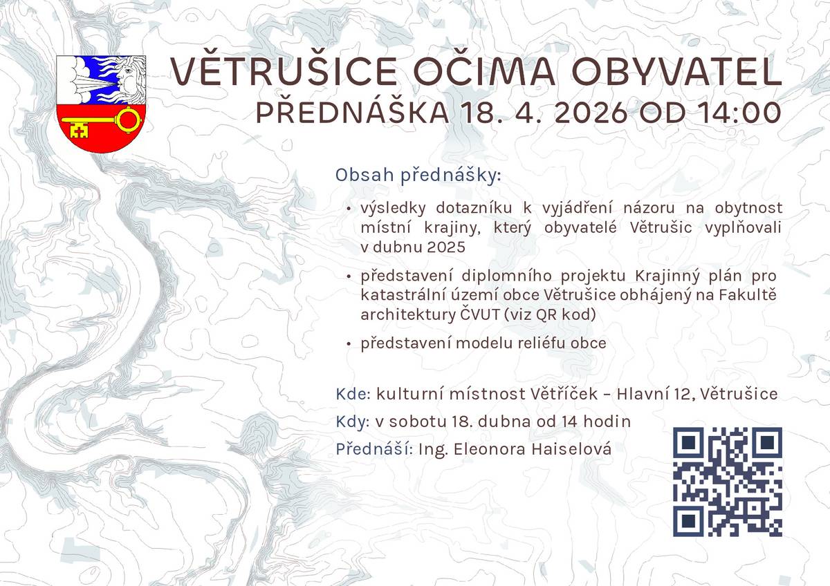 Vážení spoluobčané,  dovolujeme si Vás pozvat na přednášku o naší obci Větrušice očima místních obyvatel od slečny Ing. Eleonory Haiselové. Kde: kulturní místnost Větříček – Hlavní 12, Větrušice Kdy: v sobotu 18. dubna od 14 hodin Přednáší: Ing. Eleonora Haiselová
