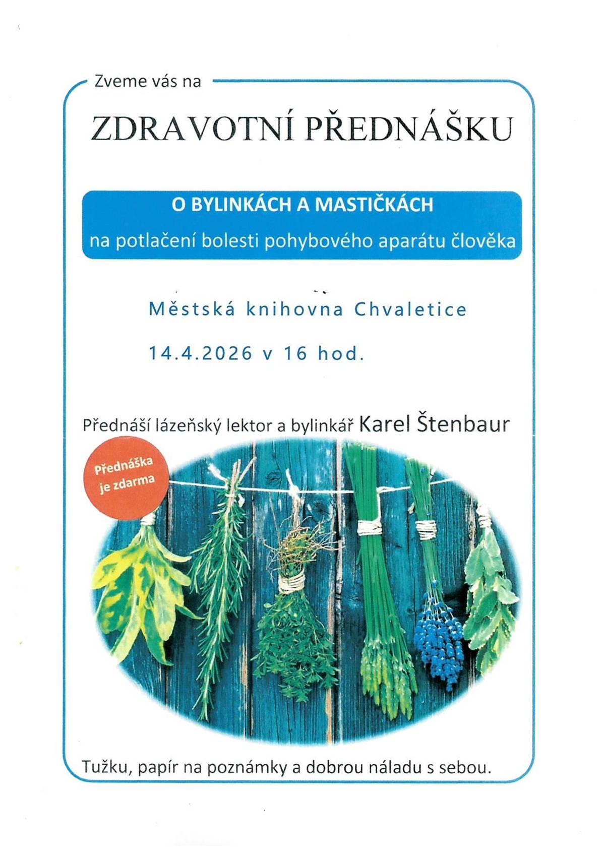 Zdravotní přednáška o bylinkách a mastičkách v úterý 14.4.2026 od 16 hodin v Městské knihovně Chvaletice.