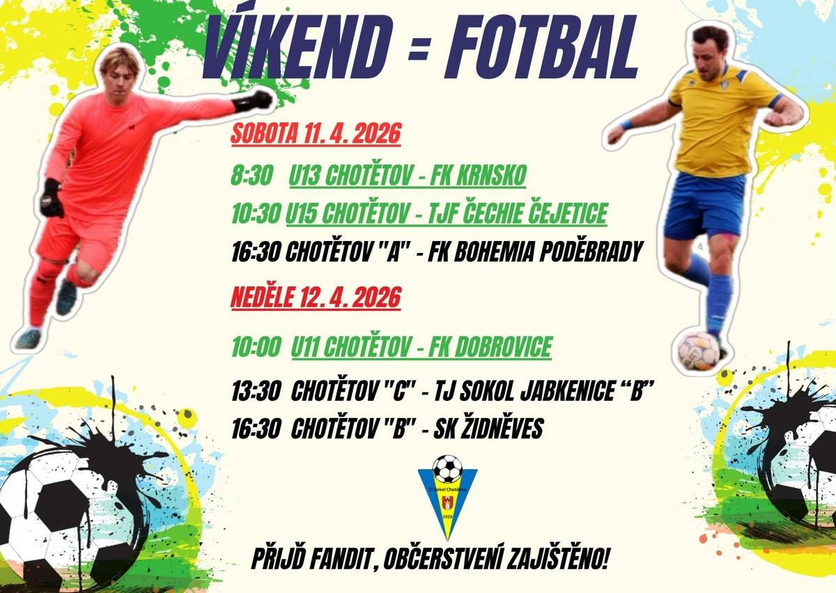 ⚽️ TJ Sokol Chotětov Vás zve na fotbalová utkání, která se o víkendu konají ve sportovním areálu městyse Chotětov ⚽️.  Všichni jste srdečně zváni 🙆🏻♂️.
