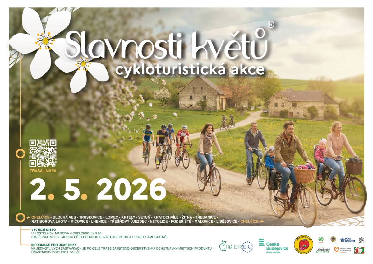 Mikroregion Chelčicko-Lhenický, svazek obcí Vás srdečně zve dne 2.5.2026 od 9.00 hodin na 23. ročník cykloturistické akce Slavnosti květů.