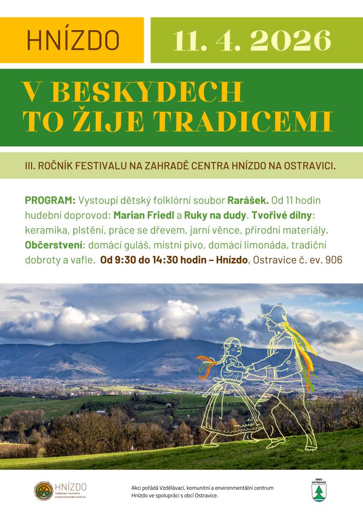 Vážení občané, zveme Vás na akci V Beskydech to žije tradicemi v sobotu 11.4. od 9:30 h ve škole Hnízdo v Ostravici. Vystoupí soubor Rarášek a Ruky na dudy.