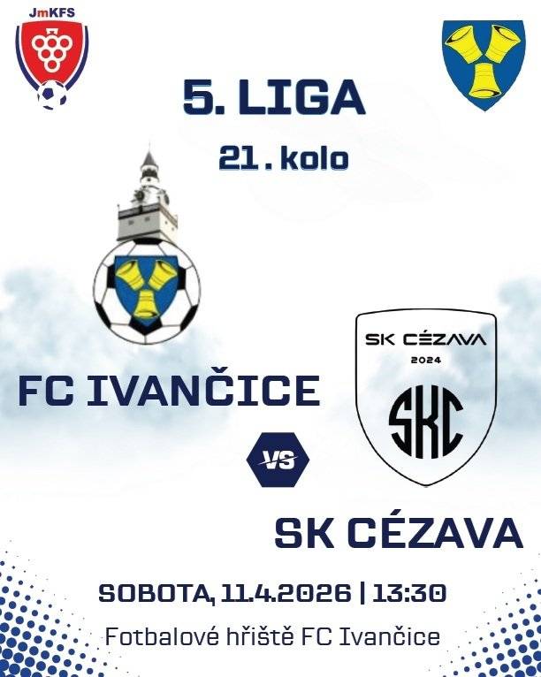 FC Ivančice srdečně zve všechny fanoušky na mistrovské utkání našeho A mužstva. V sobotu 11. 4. 2026 ve 13.30 hod. se na hřišti na Malovansku představí domácí tým FC Ivančice, který změří síly s kvalitním soupeřem SK Cézava. Od 16.00 hodin pak na hřišti v Němčicích přivítá B tým soupeře z Veverské Bitýšky.